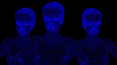 Üç boyutlu örgü şeklinde konuşan çekici bir kız. Şebeke dokusuna sahip kadın gerçekçi konuşuyor. 3 Boyutlu Canlandırma.