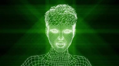 Üç boyutlu örgü şeklinde konuşan çekici bir kız. Şebeke dokusuna sahip kadın gerçekçi konuşuyor. 3 Boyutlu Canlandırma.