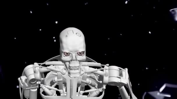 ロボットは彼の頭でガラスを壊した 攻撃的な未来型ロボット リアルな3Dアニメーション ストック動画