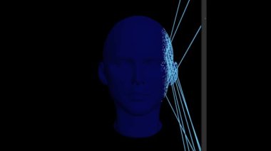 Üç boyutlu yüz taraması. Farklı noktalardan bir yüzün görünümü. Işınlar kafayı tarıyor. 3 Boyutlu Canlandırma.