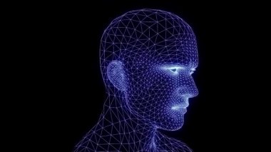 Neon çizgileri olan konuşan bir ağ kafanın üç boyutlu animasyonu. Dijital, teknolojiden esinlenilmiş bir tarzda konuşan fütürist bir yüz..
