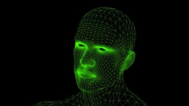 Neon çizgileri olan konuşan bir ağ kafanın üç boyutlu animasyonu. Dijital, teknolojiden esinlenilmiş bir tarzda konuşan fütürist bir yüz..