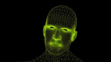 Neon çizgileri olan konuşan bir ağ kafanın üç boyutlu animasyonu. Dijital, teknolojiden esinlenilmiş bir tarzda konuşan fütürist bir yüz..