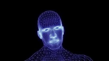 Neon çizgileri olan konuşan bir ağ kafanın üç boyutlu animasyonu. Dijital, teknolojiden esinlenilmiş bir tarzda konuşan fütürist bir yüz..