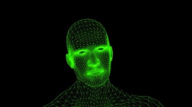 Konuşan ağ kafa. Şebeke başı sohbeti. Animasyon konuşan neon kafa. Konuşma çizgileri maskesi. Üç boyutlu aninasyon. 3B ağ.