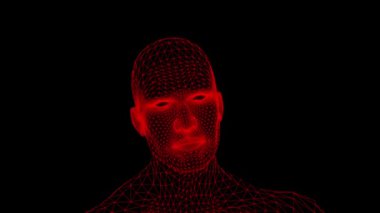 Neon çizgileri olan konuşan bir ağ kafanın üç boyutlu animasyonu. Dijital, teknolojiden esinlenilmiş bir tarzda konuşan fütürist bir yüz..