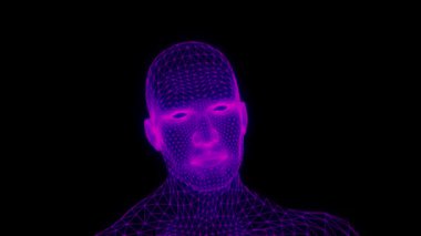 Neon çizgileri olan konuşan bir ağ kafanın üç boyutlu animasyonu. Dijital, teknolojiden esinlenilmiş bir tarzda konuşan fütürist bir yüz..