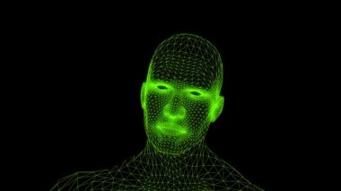 Neon çizgileri olan konuşan bir ağ kafanın üç boyutlu animasyonu. Dijital, teknolojiden esinlenilmiş bir tarzda konuşan fütürist bir yüz..