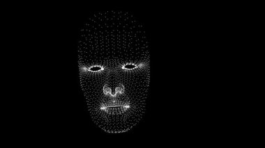 Parlayan noktalardan oluşan konuşan bir insan maskesinin gelecekteki üç boyutlu animasyonu. Dinamik bir nokta bulutu, bilim kurgu estetiğini soyut görsellerle harmanlayarak hareket halindeki dijital bir yüz yanılsaması yaratır. Çekici gösteriler, sanat veya kavramsal tasarım için mükemmel..