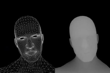 Holografik tarzda Ayna Portre görüntüsü için tasarlanmış, ağ kablosu desenli üç boyutlu bir insan kafası animasyonu.