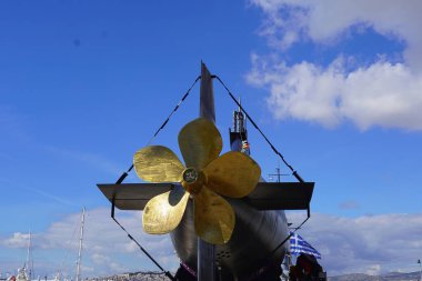 17 Şubat 2025, Faliro, Yunanistan. Emekli Yunan Donanması, tip 209 denizaltı Proteas II 'nin arka görüntüsü