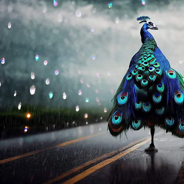 Павич Стоїть Дорозі Під Дощем Грім Ілюстрації Мистецтва — стокове фото