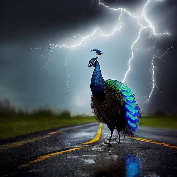 peacock standing on the road in rain and thunder illustration art