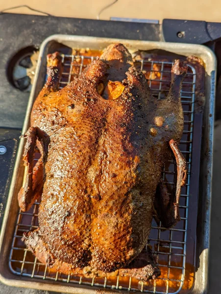 Portakalla Doldurulmuş Bir Tepside Tütsülenmiş Ördek — Stok fotoğraf