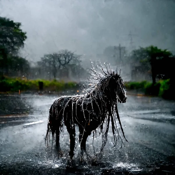 Caballo Eléctrico Lluvia Durante Tormenta Truenos Arte Digital — Foto de Stock