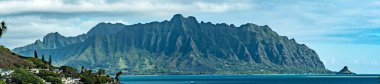 Tropikal göl manzarası, yemyeşil dağlar ve Oahu, Hawaii 'deki okyanus.