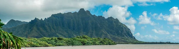 Panorama Tropical Lagoon Lush Mountains Ocean Oahu Hawaii Stock Photo