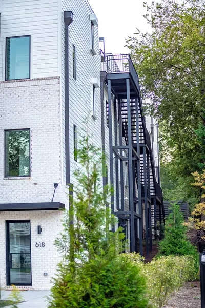 Close-up photo of metal Fire Stairs on building background