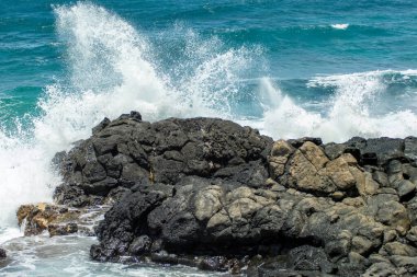 Hawaii Oahu sahil dalgaları kayalıklara çarpıyor.