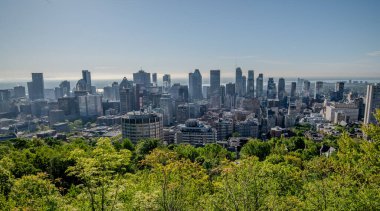 Montreal 'in gökyüzü manzarası çeşitli mimarisini ön planda yemyeşil ağaçlar ve arka planda St. Lawrence Nehri ile sergiliyor..