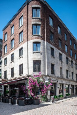 Montreal, Kanada - Haziran 05, 2025: Güneşli bir günde Old Montreal (Vieux) 'un ufuk çizgisi ve caddeleri.