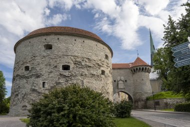 Gotik tarzda eski Tallinn tarihi binaları. Eski kuleler, kale duvarları, dar taş sokaklar. Estonya turizm beldesi.