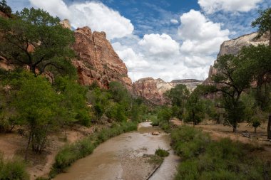 Kremadan, pembeden ve kırmızıdan oluşan devasa kumtaşı kayalıklarına bak. Parlak mavi gökyüzüne doğru süzülüyor. Dar bir kanyonda vahşi doğayı deneyin - burası Zion Ulusal Parkı, Utah, ABD turizm merkezleri