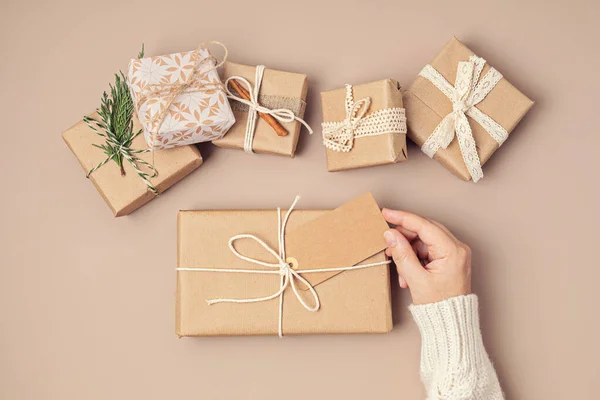 Christmas Background Gift Boxes Xmas Celebration Preparation Winter Holidays Secret — Stock Photo, Image