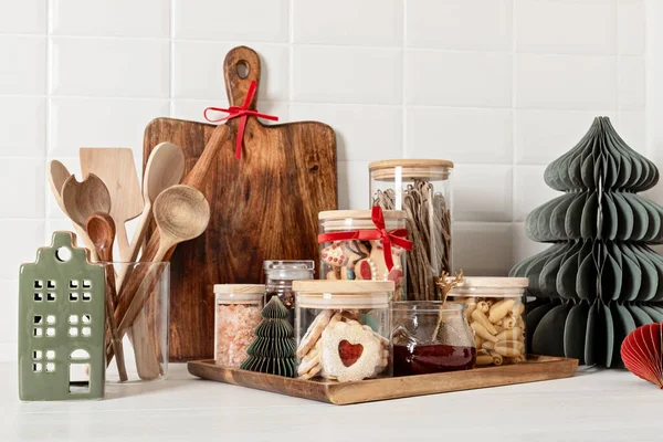 Decoración Cocina Navidad Casa Festiva Idea Interior Sostenible — Foto de Stock