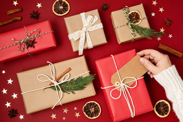 Latar Belakang Natal Dengan Kotak Hadiah Perayaan Natal Persiapan Untuk — Stok Foto