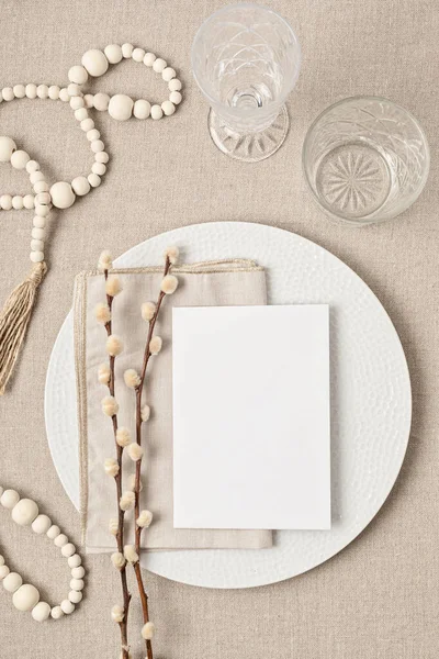 Festive Wedding Birthday Table Setting Porcelain Plate Blank Card Mockup — Stock Photo, Image