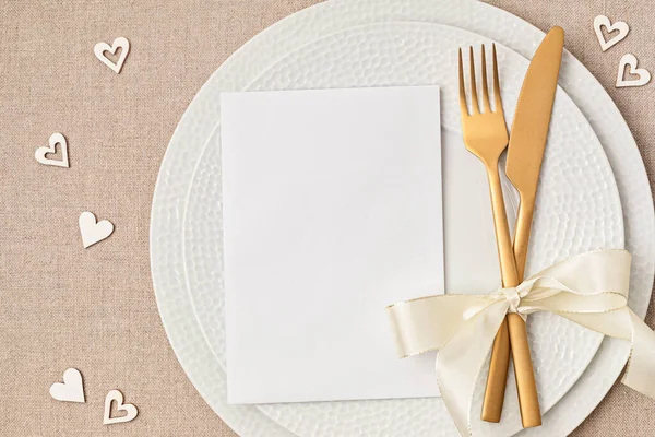 Festive Wedding Birthday Table Setting Golden Cutlery Porcelain Plate Blank — Stock Photo, Image
