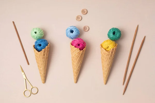 Colorful Balls Organic Cotton Yarn Waffle Cones Ice Cream Recomforting — Stock Photo, Image