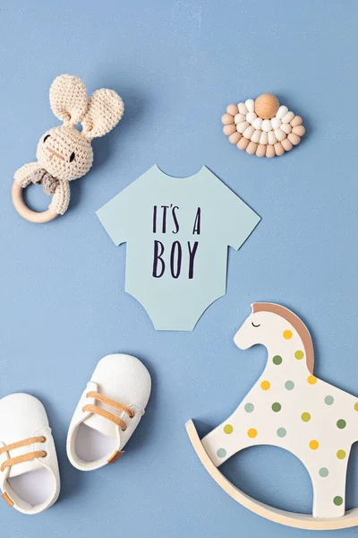 Baby Shower Gender Reveal Party Boy Message Paper Cut Onesie — Stockfoto