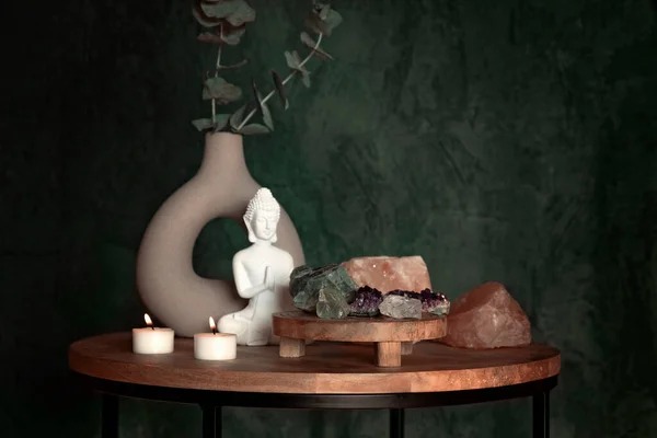 stock image Buddha statue, himalayan rock salt candle holder and gemstones. Balance and calm energy flow at  home, purifying the air,  decrease stress level concept 