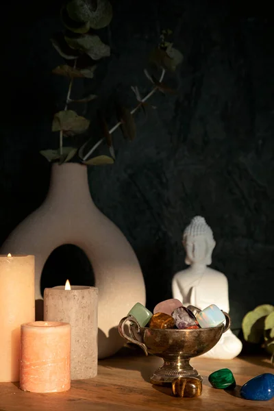 Buddha Statue Candles Gemstones Balance Calm Energy Flow Home Purifying — Stock Photo, Image