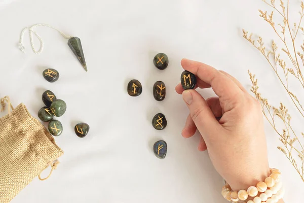 Set Rune Stones Divination Fortune Telling Mystic Still Life Labradorite — Stock Photo, Image