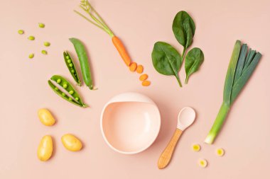 Taze sebzelerden yapılmış bebek püresi tarifi. İlk bebek katı yemek tarifi fikri. Üst manzara, düz uzanma