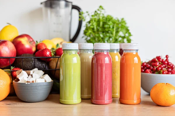 Healthy Fresh Fruit Vegetable Smoothies Assorted Ingredients Various Colors Tastes — Stock Photo, Image