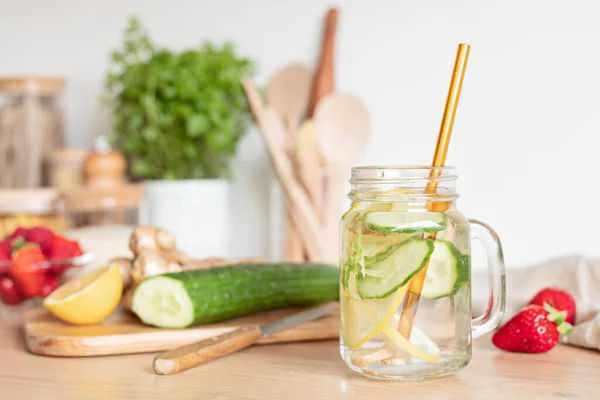 Infused Water Cucumber Lemon Ginger Glass Bottle Wooden Table Diet — Stock Photo, Image