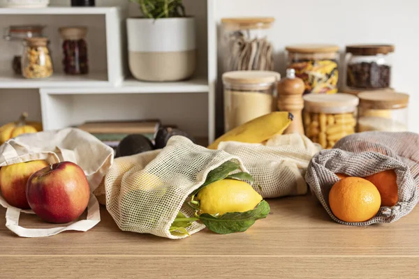 Fruits Reusable Bags Kitchen Table Sustainable Zero Waste Healthy Lifestyle — Stock Photo, Image
