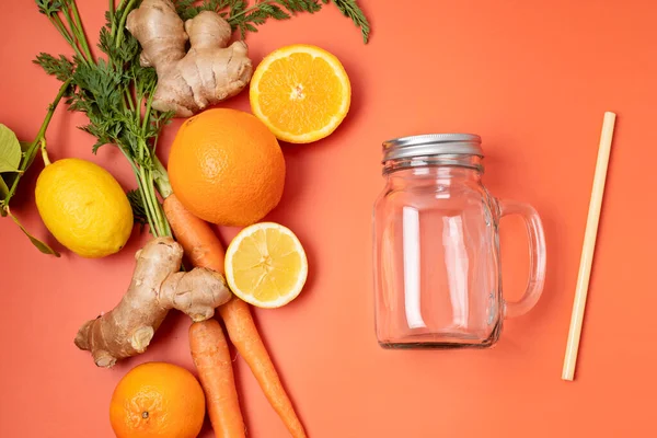 Healthy Fresh Orange Carrot Ginger Smoothie Assorted Ingredients Superfood Detox — Stock Photo, Image