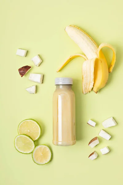 Healthy Fresh Lime Banana Coconut Smoothie Assorted Ingredients Superfood Detox — Stock Photo, Image