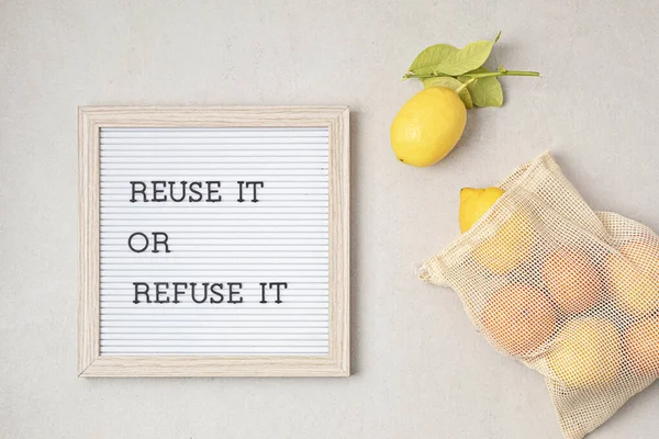 Reusable Mesh Bag Fruits Letterboard Text Reuse Refuse Zero Waste — Stock Photo, Image