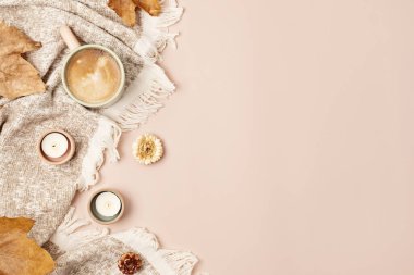 Balkabaklarıyla sonbahar arkaplanı, sonbahar yaprakları ve doğal pastel renklerle kaplı ekose örtüsü. Kopya alanı olan sezonluk tatil arkaplanı