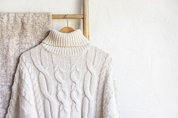 Warm Autumn Sweaters Hangers Comfort Knitwear Cold Days Fall Winter — Stock Photo, Image
