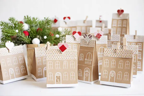 Handmade Advent Calendar Houses Shaped Carton Gift Boxes Eco Friendly — Stock Photo, Image