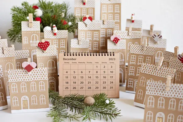 Handmade Advent Calendar Houses Shaped Carton Gift Boxes Eco Friendly — Stock Photo, Image