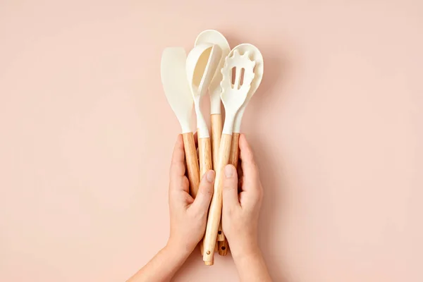 Pastel color kitchen utensils top view. Cooking blog, classes, workshop, recipe template concept