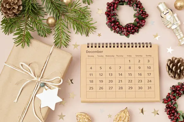 Fundo Natal Com Calendário Para Dezembro Decoração Xmas Conceito Celebração — Fotografia de Stock